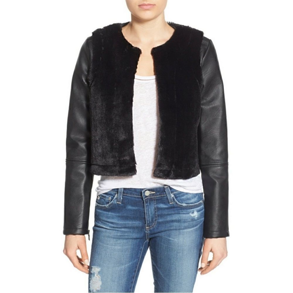 Sam Edelman Gabby Black Faux Fur and Vegan Leather Cropped Jacket Size Small